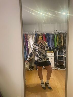 Vintage Hand-Crocheted Navy and Cream Sweater